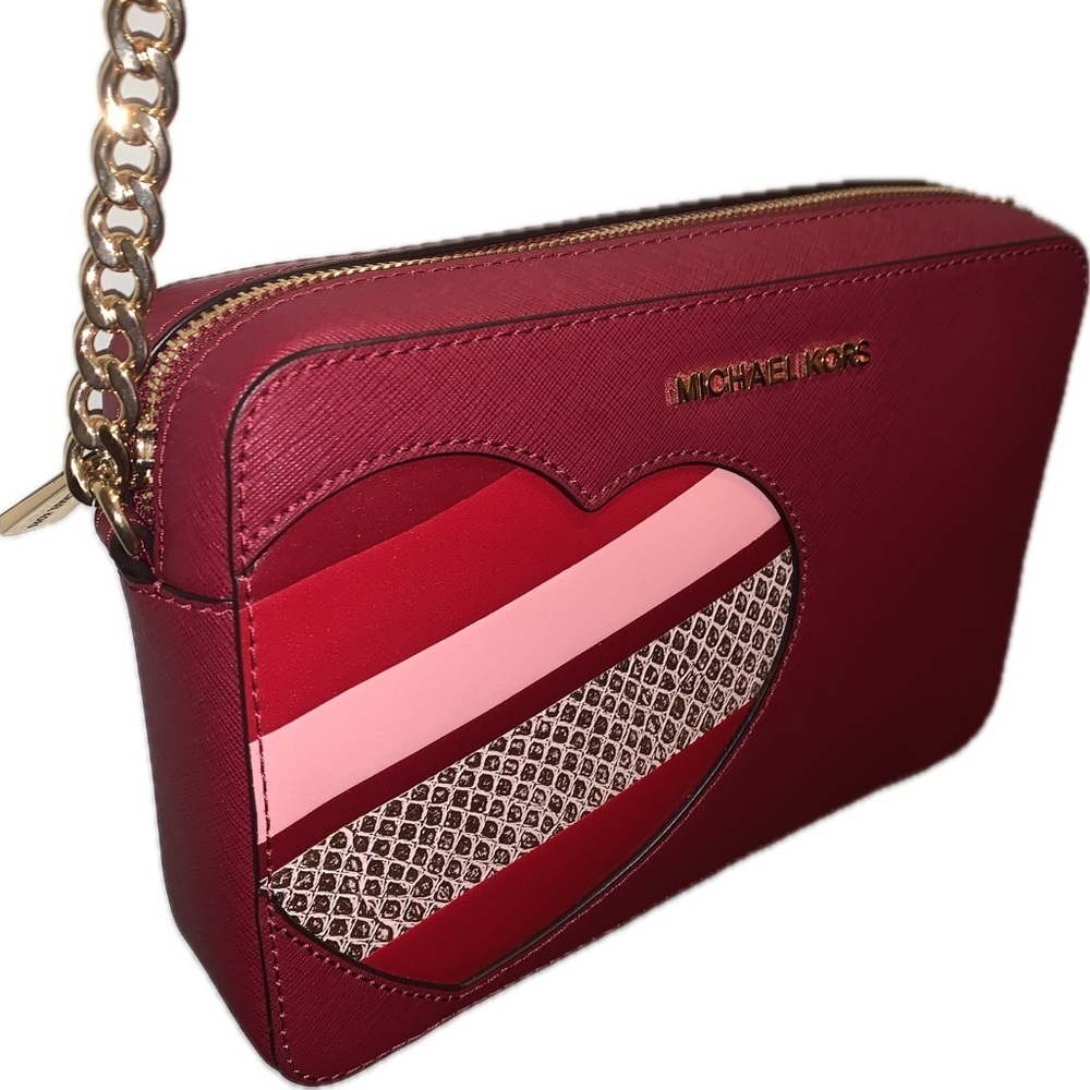 NWOT Michael Kors Hearts Jet Set Saffiano Leather Red Crossbody Bag Gold Chain - Picture 5 of 11